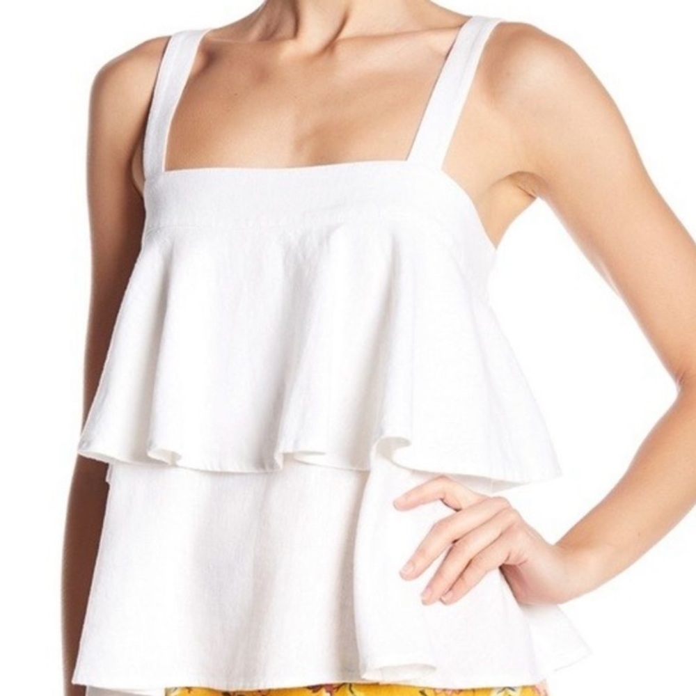 IVORY LINEN BLEND SQUARE NECK TIERED WIDE SHOULDER STRAP SLEEVELESS TOP